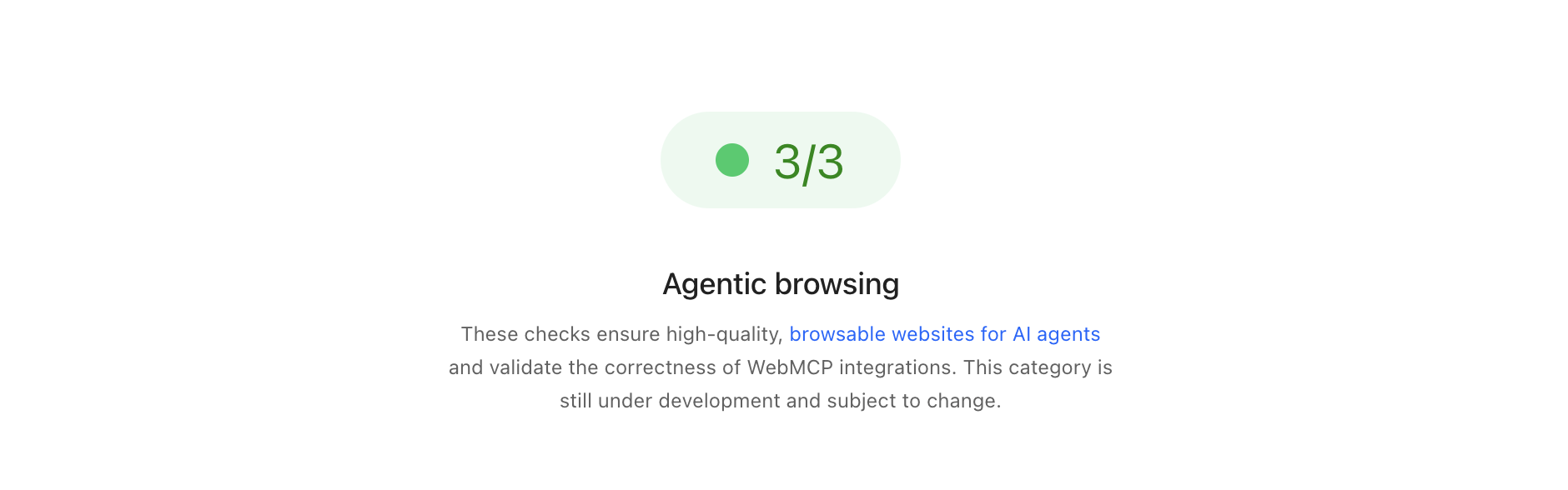 The category header in a PageSpeed Insights report. The pass ratio is shown at a glance, with a note that the category is still under development.
