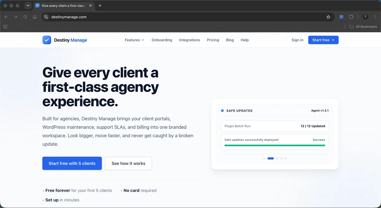 The Destiny Manage homepage, with a Safe Updates panel showing a plugin batch updated successfully across a client site.