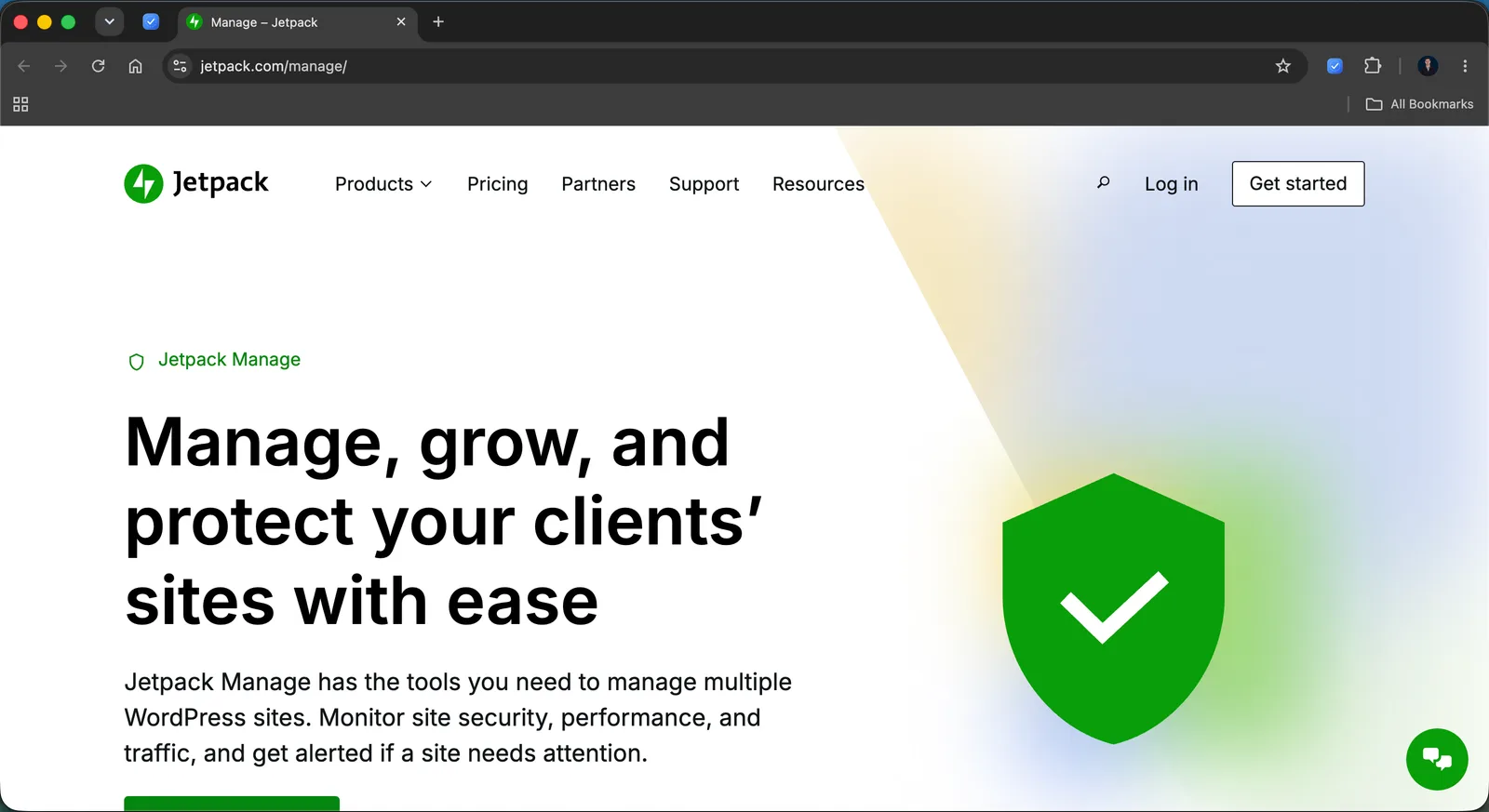 The Jetpack Manage page describing tools to monitor security, performance, and traffic across multiple WordPress client sites.