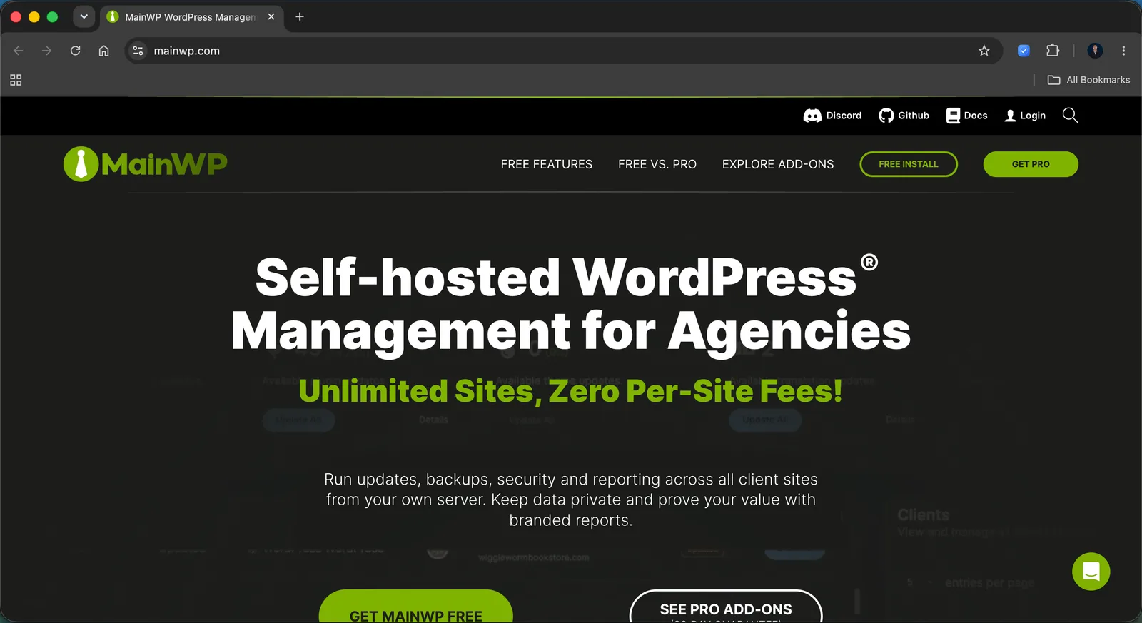 The MainWP homepage promoting self-hosted WordPress management for agencies with unlimited sites and no per-site fees.