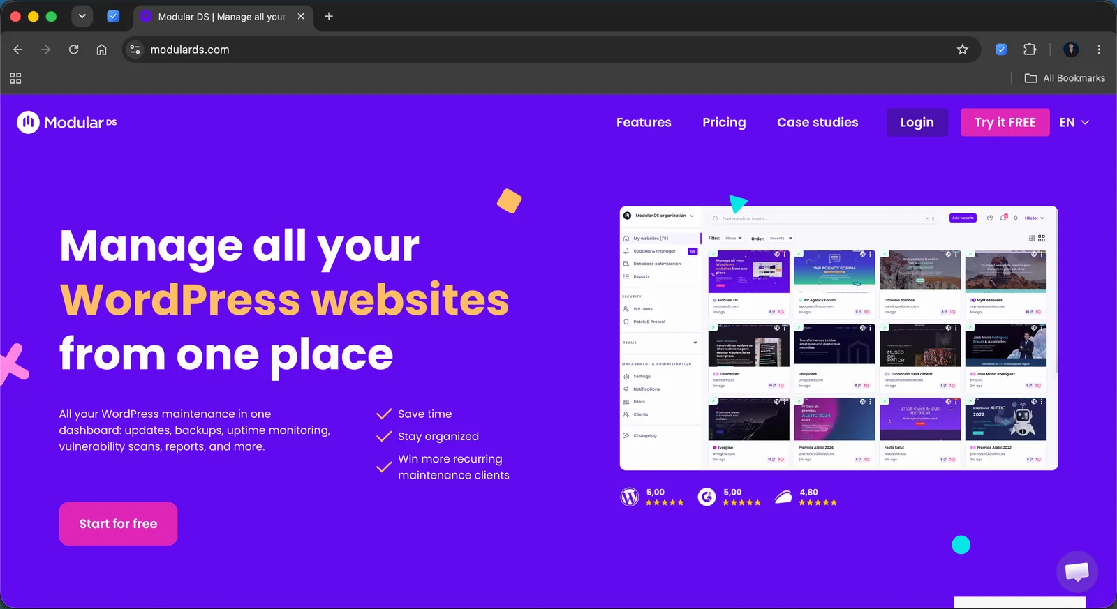 The Modular DS homepage with a dashboard listing many managed WordPress websites and their pending updates.