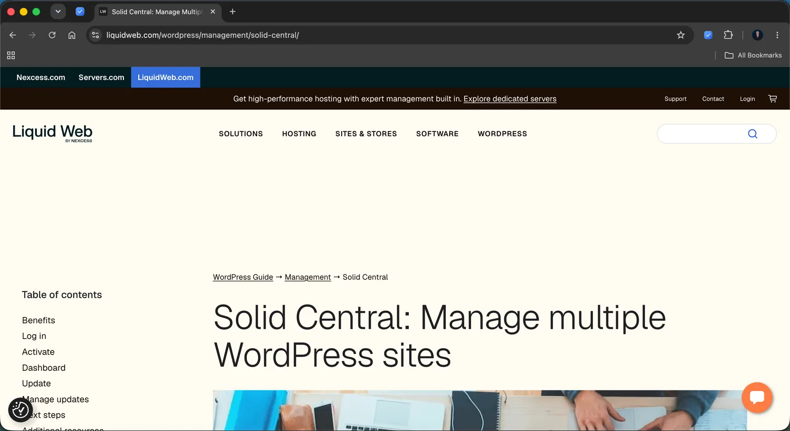 The Solid Central page on Liquid Web, describing a dashboard to manage multiple WordPress sites with bulk updates and SolidWP security and backups.