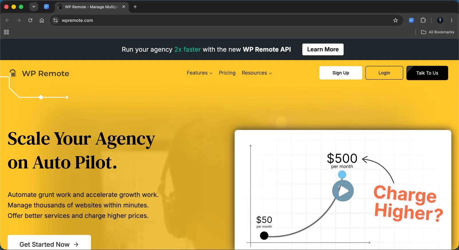 The WP Remote homepage promoting automated management of thousands of WordPress sites so agencies can scale.