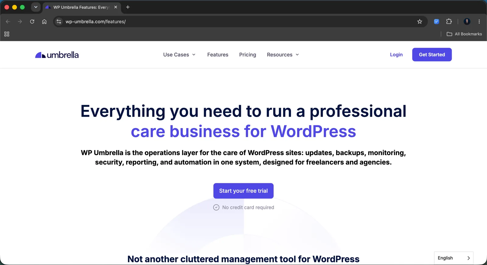The WP Umbrella features page describing updates, backups, monitoring, security, reporting, and automation for WordPress care businesses.