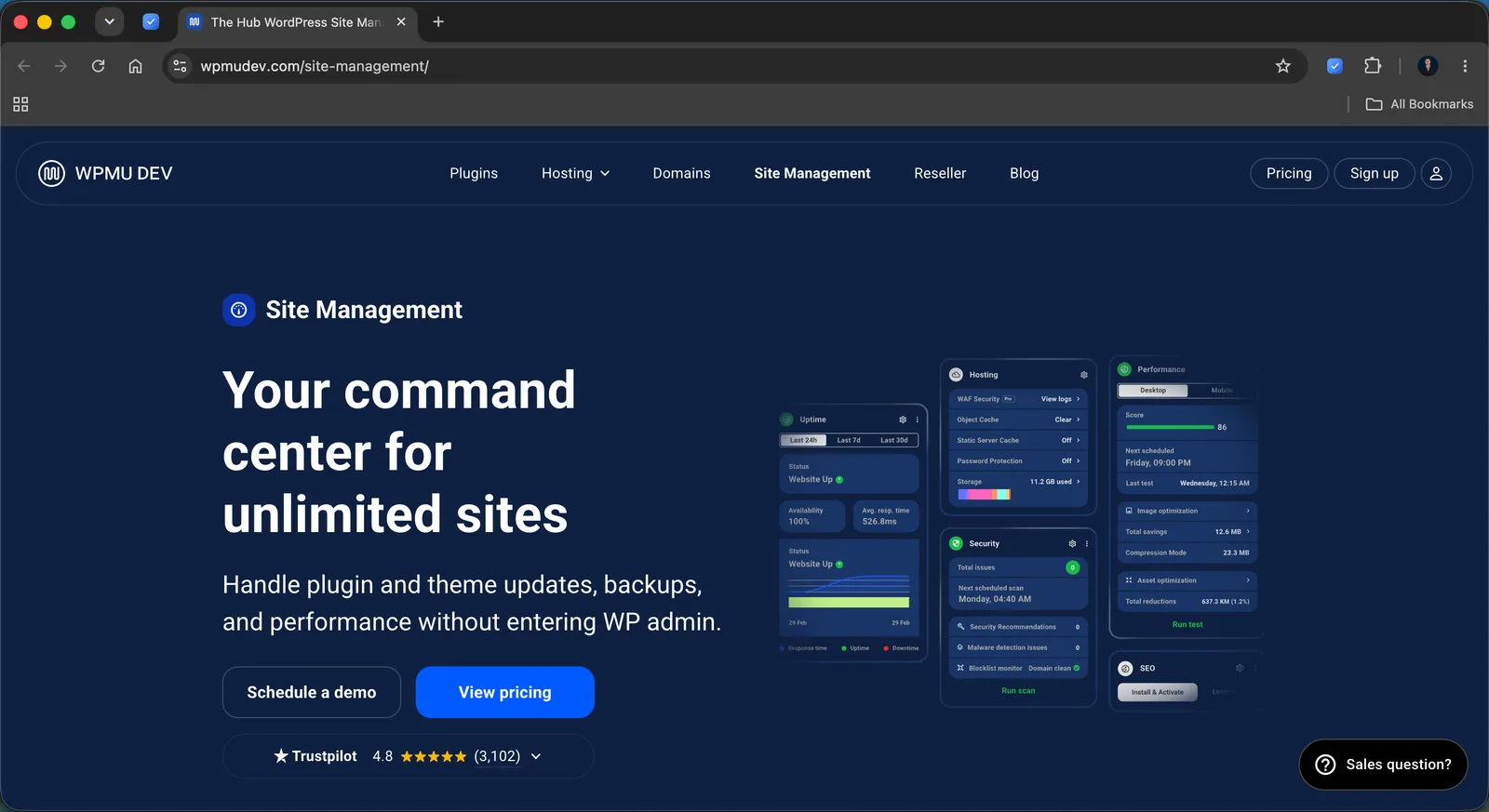 The WPMU DEV The Hub site management page, with dashboard cards for uptime, hosting, security, and performance across unlimited sites.