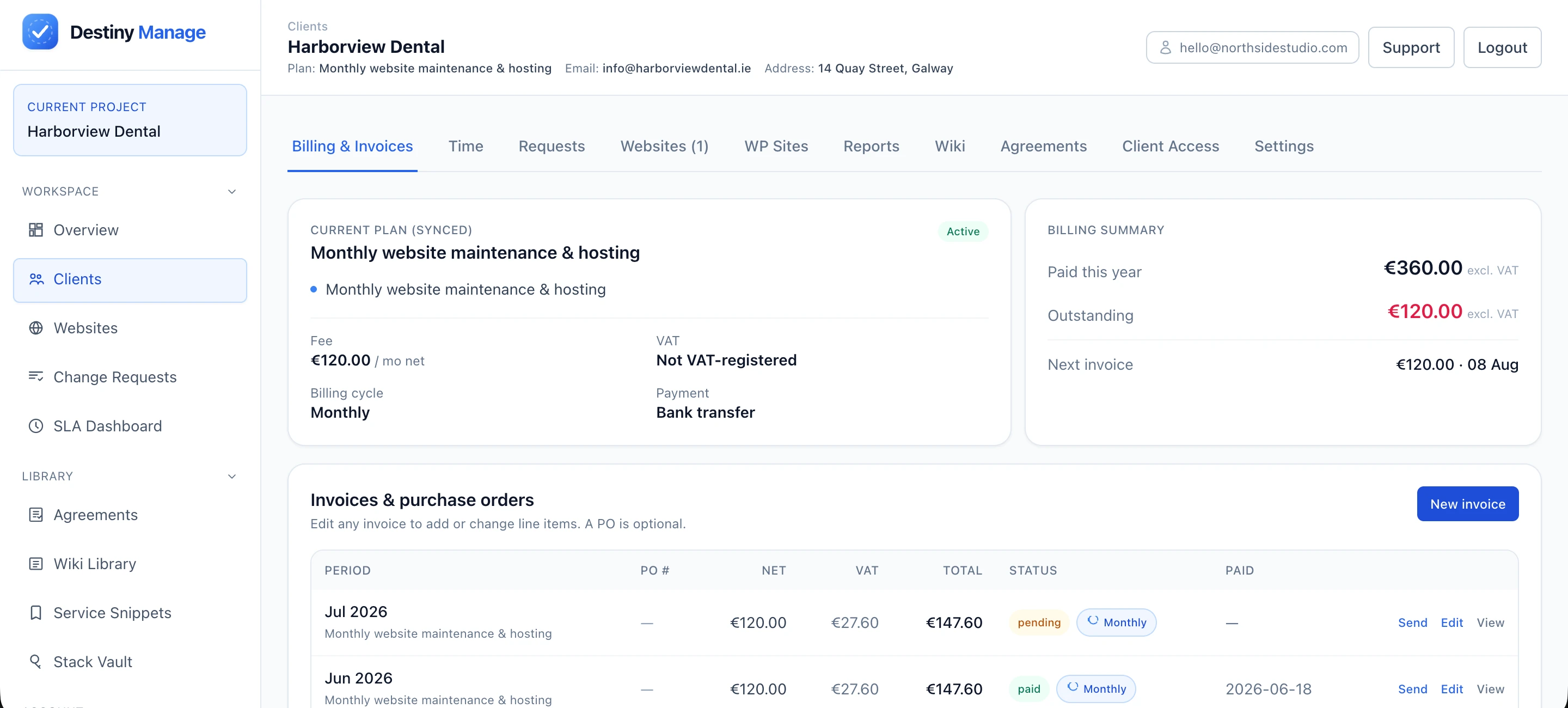 The agency's own Destiny Manage dashboard showing the same client's billing: the monthly care plan, billing summary, and the invoice list.
