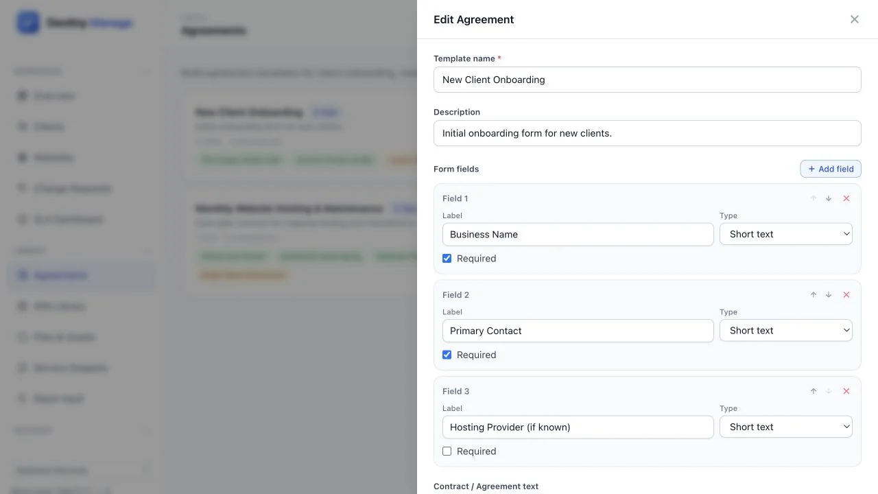 Agreement editor showing reusable onboarding fields, field types, ordering controls, and required-field settings