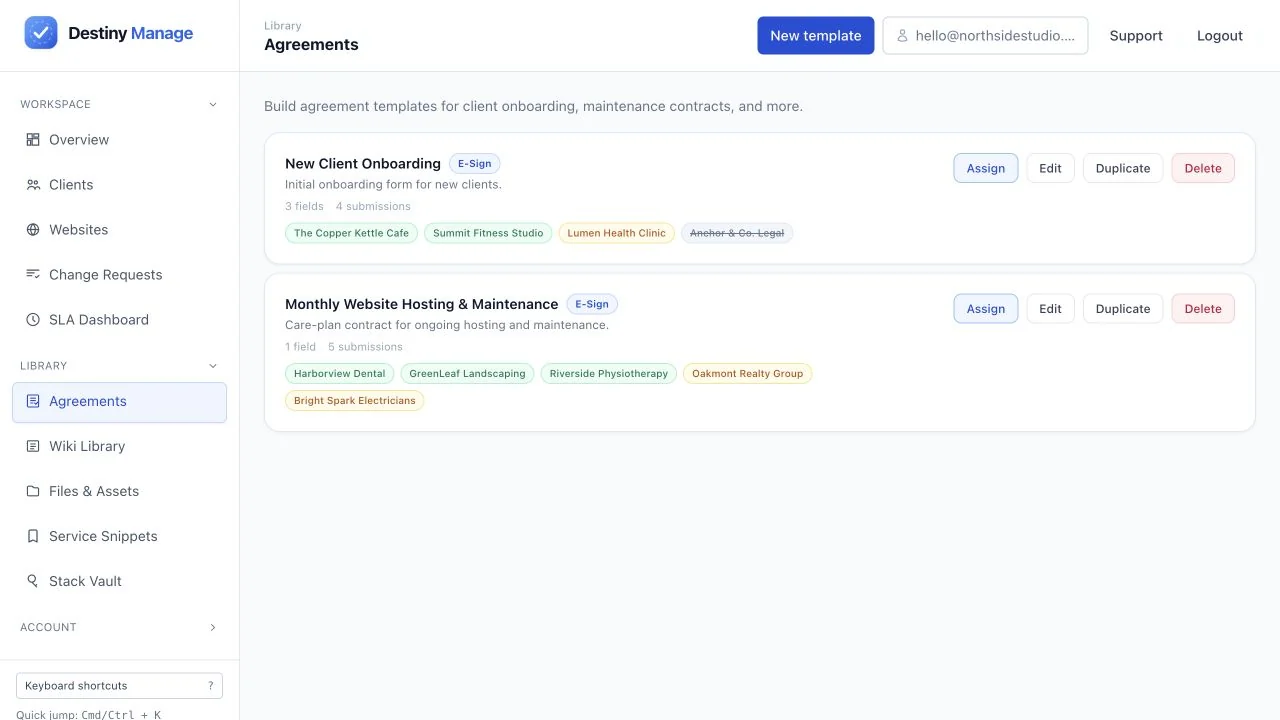Agreement template library showing e-signature status, assignments, submissions, and reuse controls