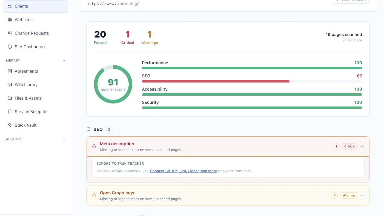 Expanded critical SEO finding with affected-page count, plain-language explanation, and task tracker handoff
