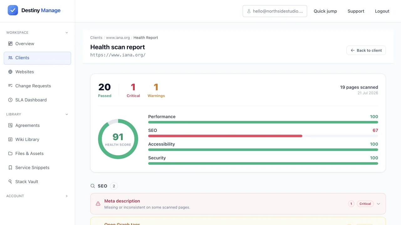 A current site health score of 91 with performance, SEO, accessibility, and security category scores