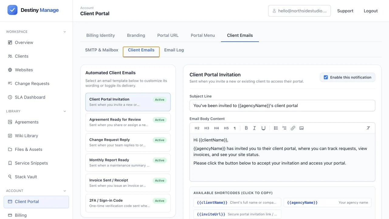 Client email template editor with notification controls, subject and body fields, and white-label shortcodes
