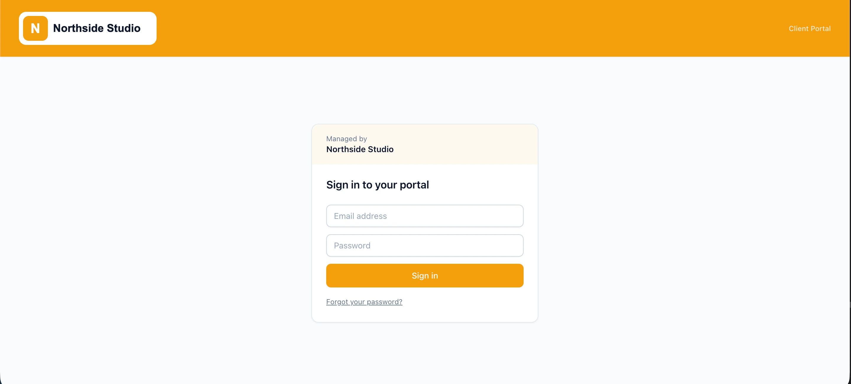 Clean white-label client portal sign-in screen branded with custom agency logo, favicon, and styling