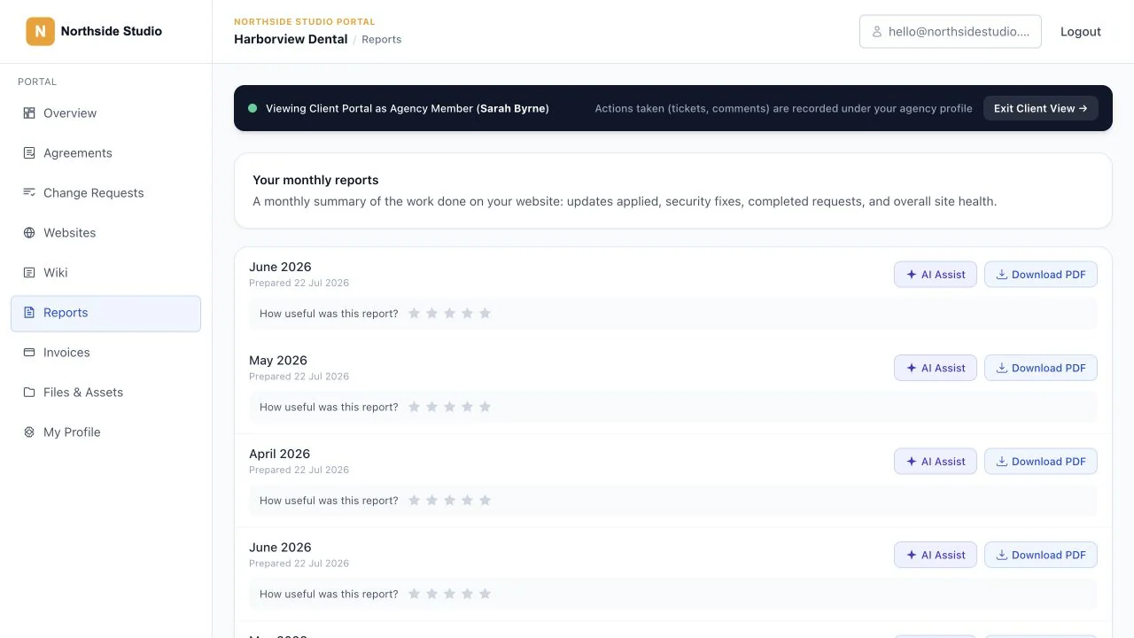 A branded client maintenance report showing completed updates, requests, SLA performance, security work, uptime, and time