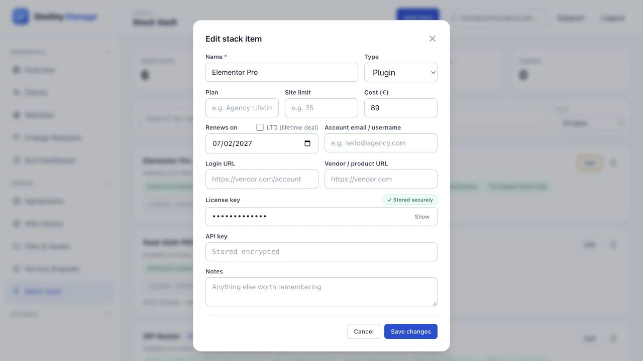 Stack item editor showing plan, site limit, renewal date, lifetime deal option, and encrypted licence and API keys