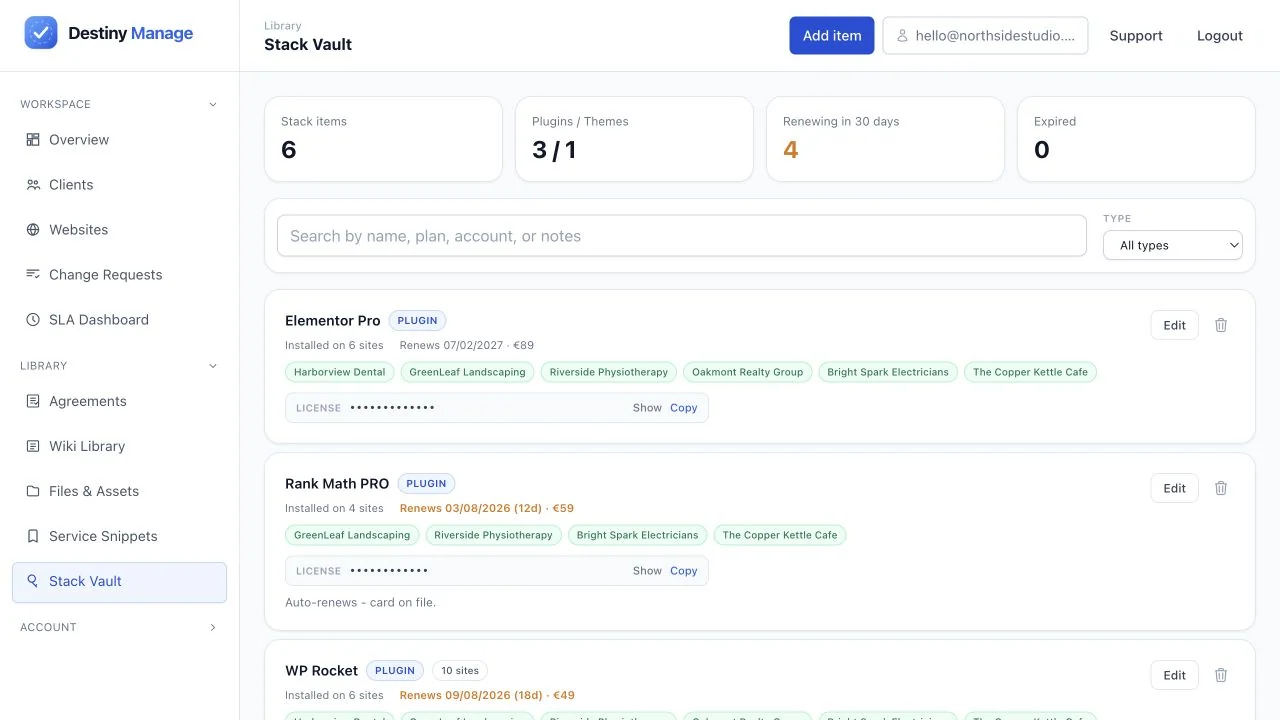 Stack Vault list showing licence assignments, masked keys, renewal dates, costs, and upcoming renewal warnings