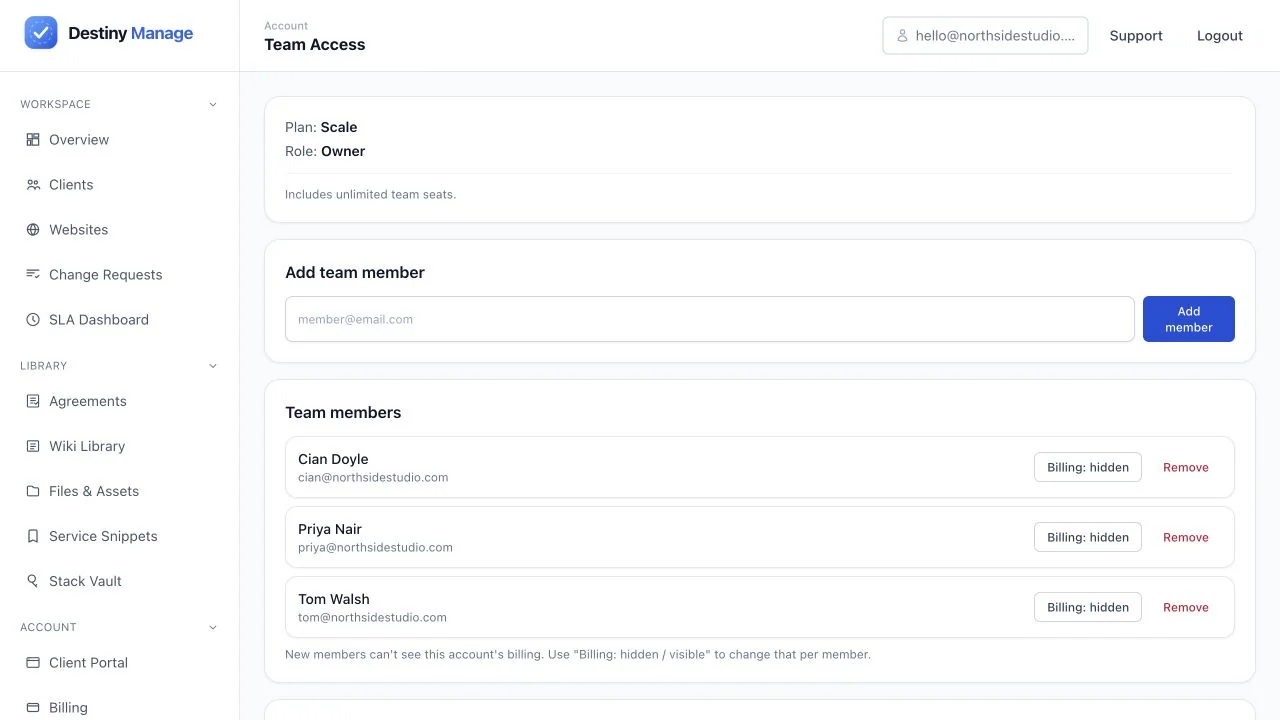 Team Access screen showing agency members and per-member billing visibility controls