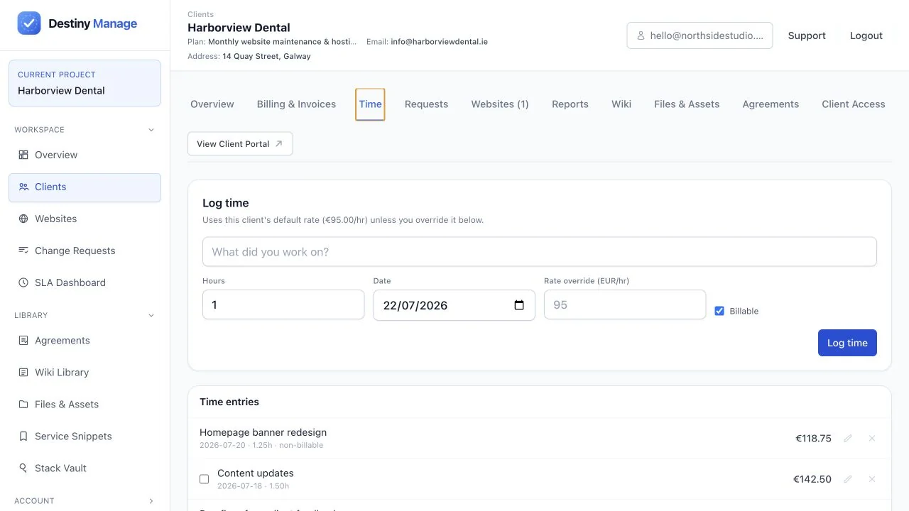 Harborview Dental time screen showing a billable time form and recent time entries with rates