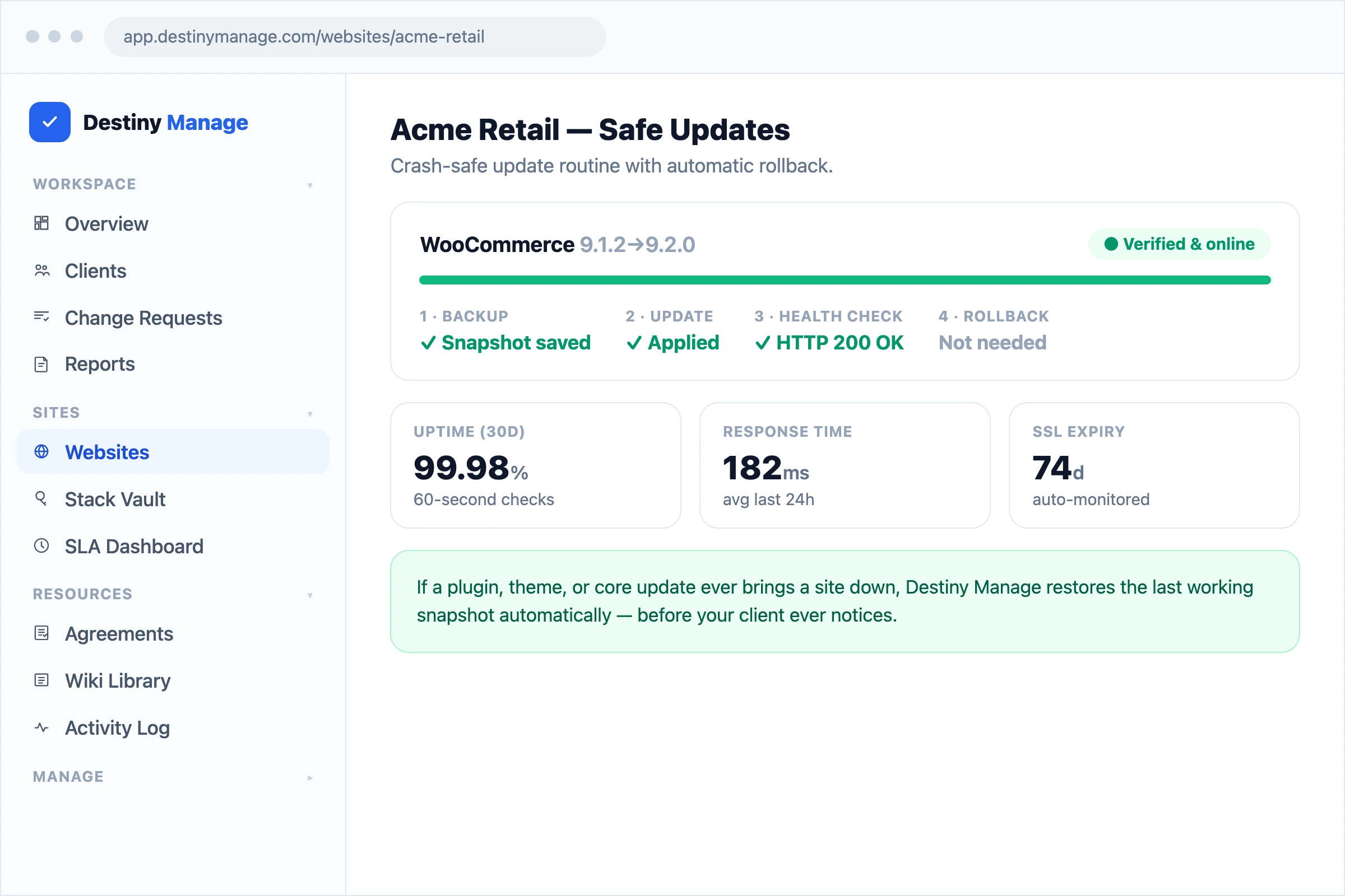 The safe-updates screen showing a WordPress plugin update that was backed up, applied, health-checked, and verified online