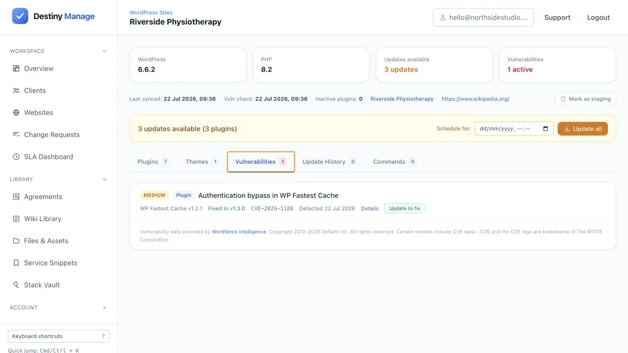 Active WordPress plugin vulnerability showing severity, affected version, fixed version, CVE reference, and update action