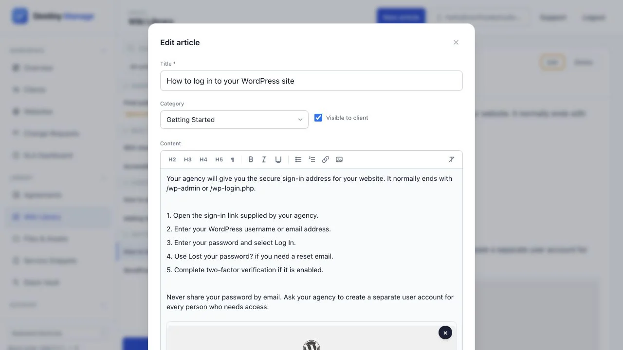 WordPress login guide in the wiki editor with category, client visibility, rich-text controls and an embedded login screenshot