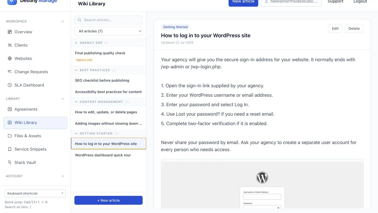 Wiki Library organised into Getting Started, Content Management, Best Practices and Agency SOP articles, with a WordPress login guide selected