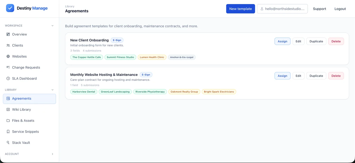 Destiny Manage agreement library showing e-signable care-plan contract templates