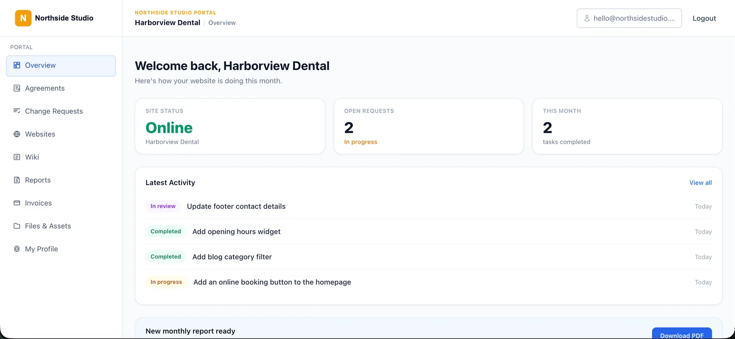 Destiny Manage branded client portal showing site status, support requests and recent activity