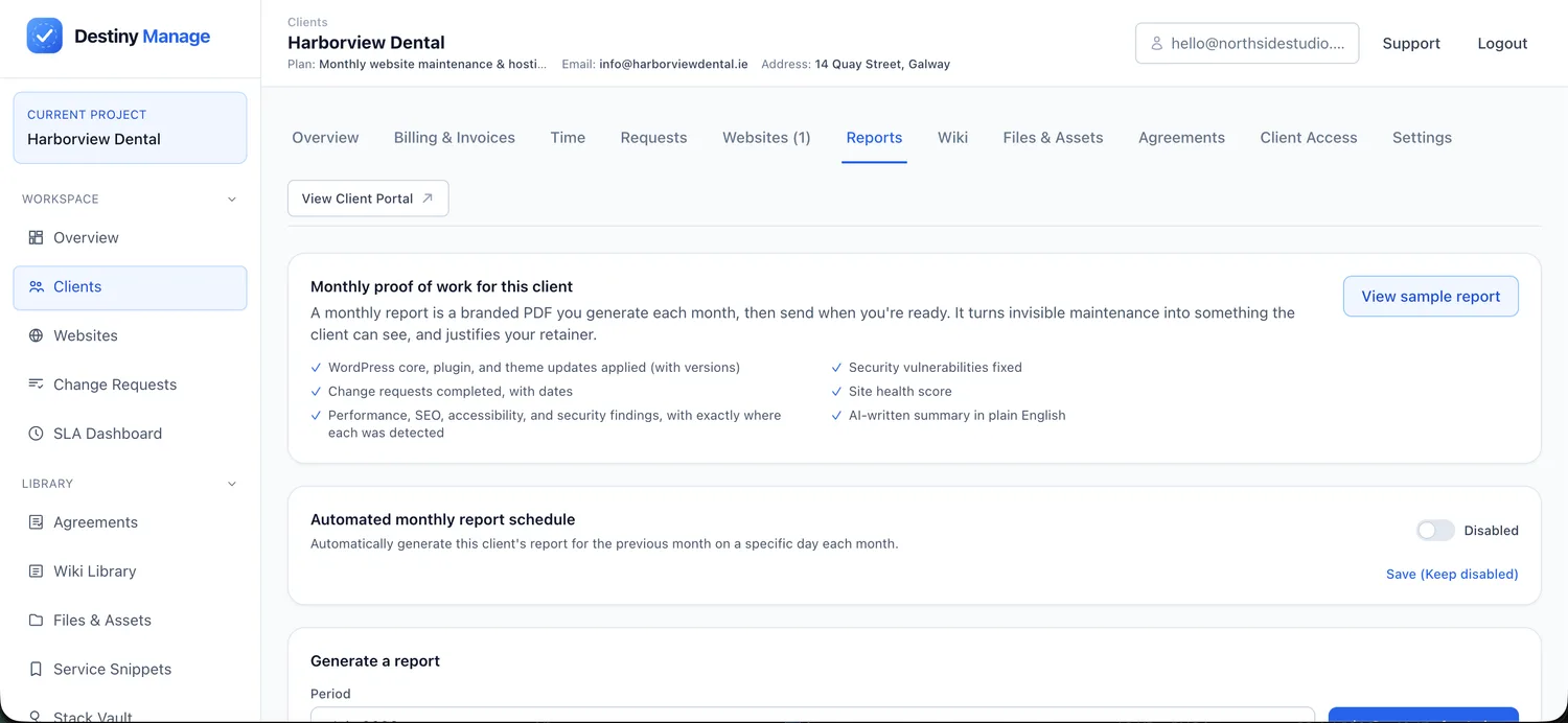 Destiny Manage monthly client report generator with an AI-assisted maintenance summary