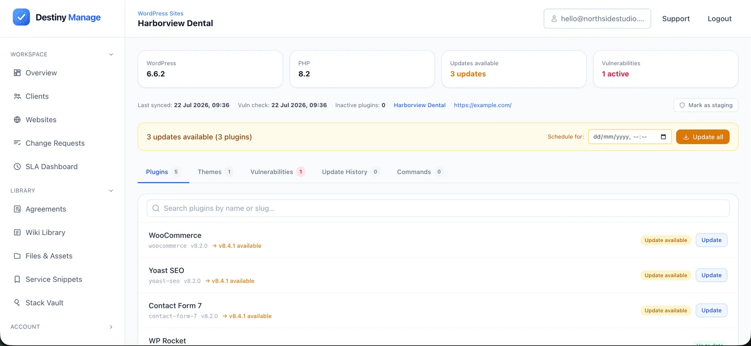 Destiny Manage WordPress maintenance screen showing plugin updates, software versions and a detected vulnerability