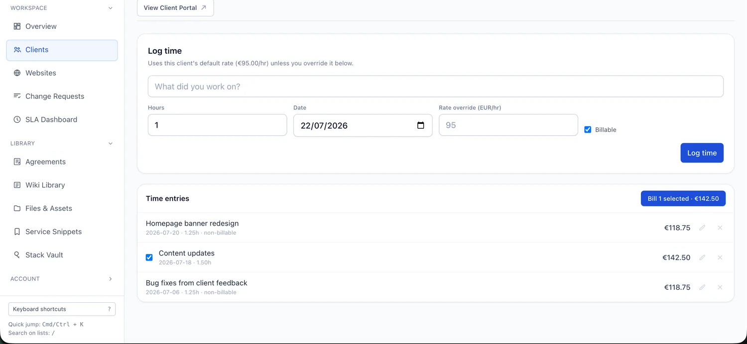 Destiny Manage client billing screen showing tracked time and invoiceable entries